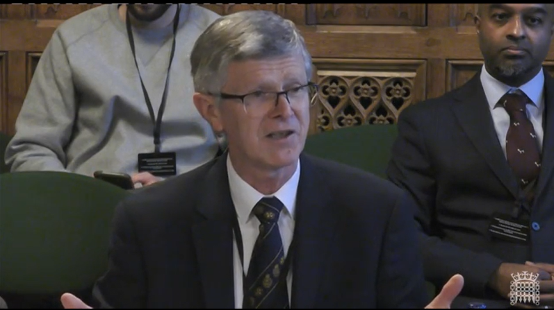 A photo of Lantra’s Chair of Trustees, Dr David Llewellyn CBE, speaking at a Environment, Food and Rural Affairs (EFRA) Committee session
